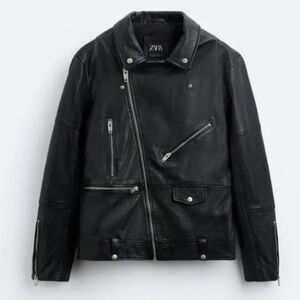 Zara Man Black Leather Biker Jacket. Size XL.